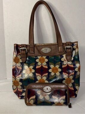 Fossil Key-Per Retro Floral Coated Canvas Tote & Wallet Brn Leather Multi-Color